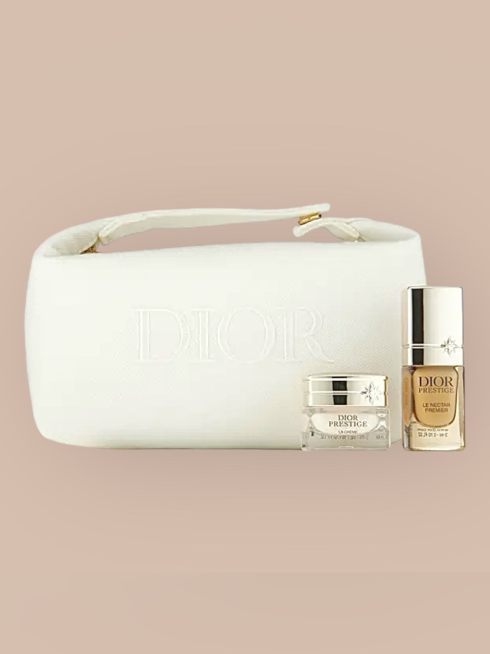 Off-White/Gold Dior Beauty (Top Handle) Cosmetic-Makeup Bag/Prestige Sample SET